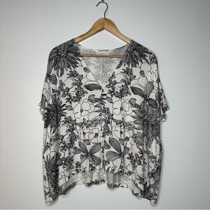 Bryn Walker White Black Floral Asymmetrical Hem Top Size Small